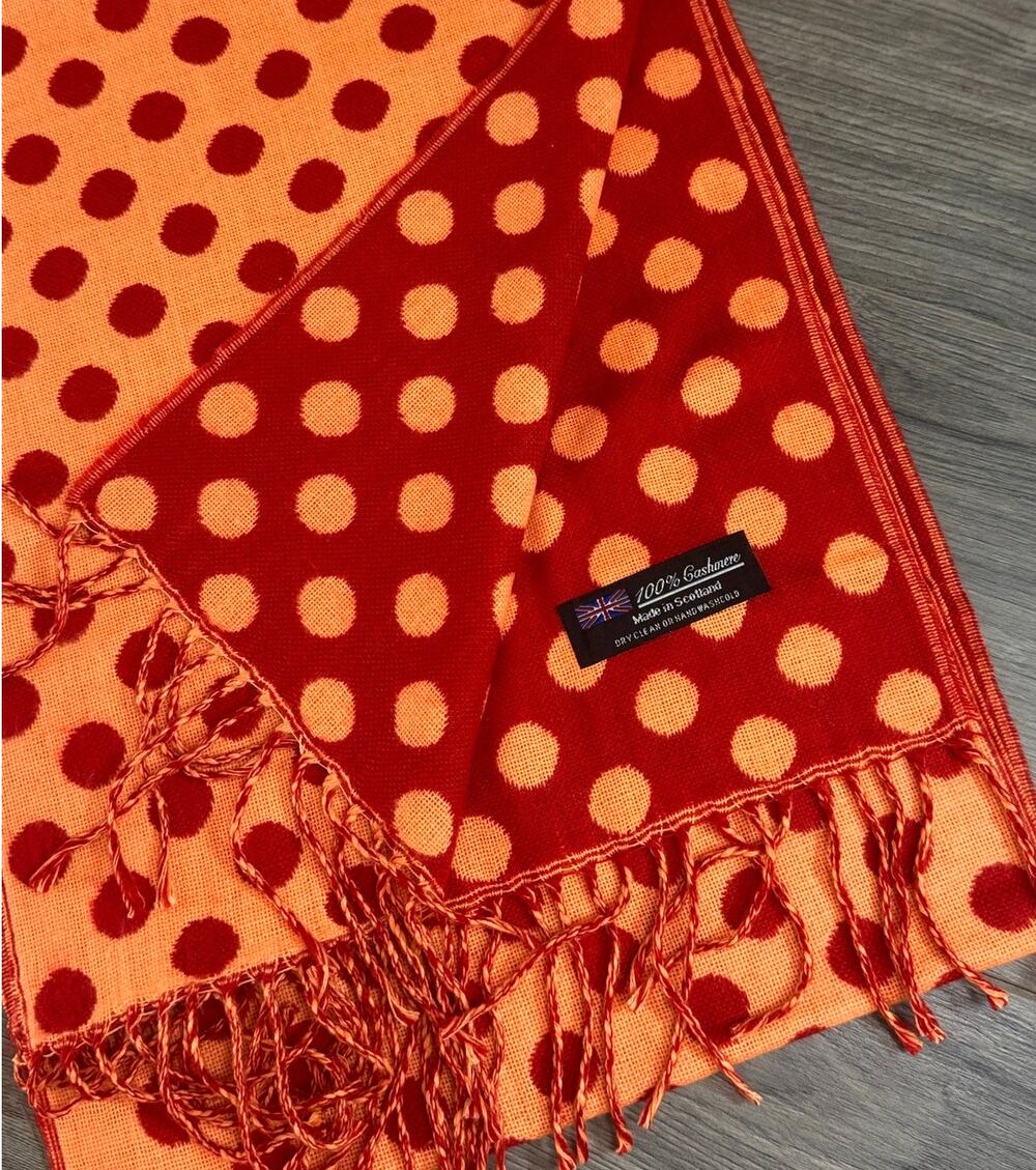 Scotland 100% Cashmere Polka Dot Fringed Scarf Rectangle 67x13 Quiet Luxury
